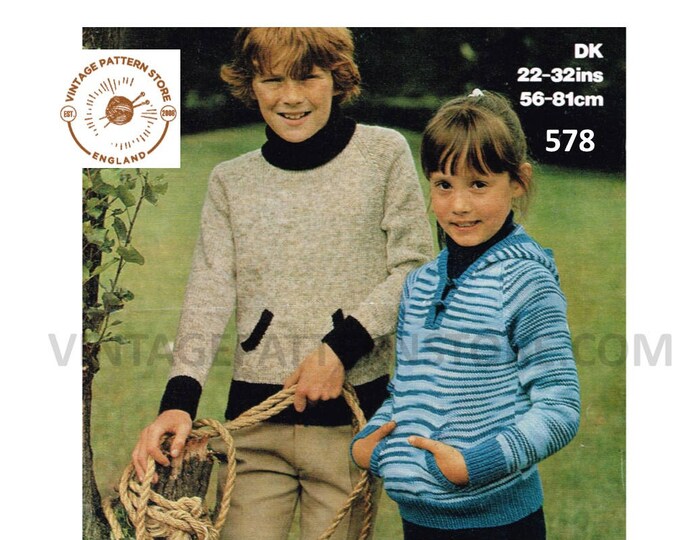 Boys Girls 80s easy to knit DK polo neck sweater & shirt neck striped kangaroo pocket hoodie pdf knitting pattern 22" to 32" Download 578