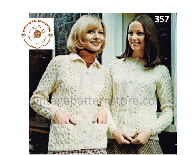Ladies Womens 80s vintage round neck or collared cable cabled aran raglan cardigan jacket pdf knitting pattern 34" to 44" chest Download 357