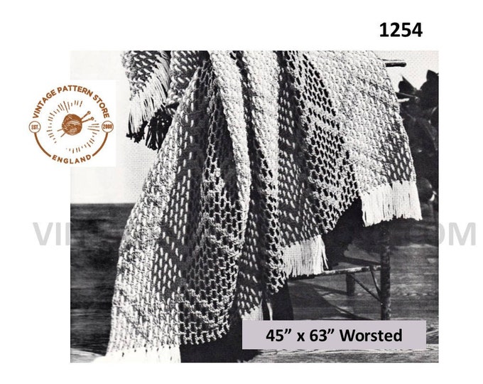 70s vintage worsted diamond and weave afghan throw pdf knitting pattern 45" by 63" Instant PDF download 1254