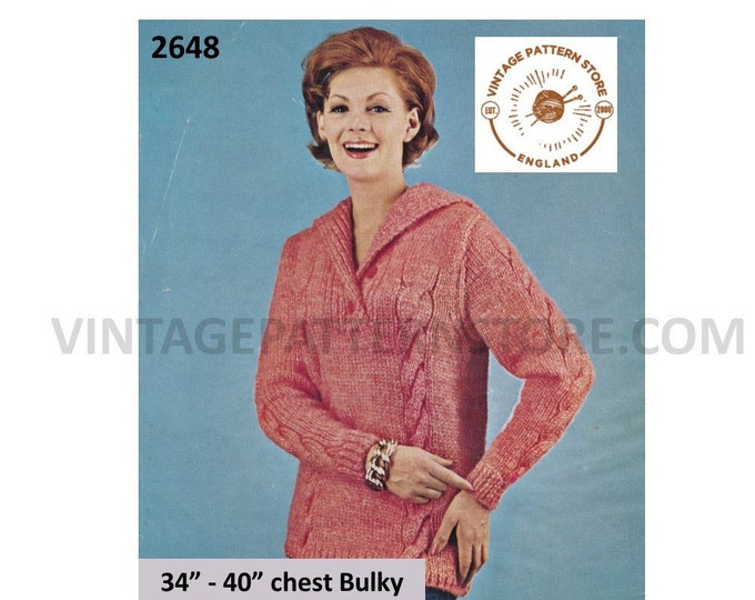 Ladies Womens 50s bulky chunky knit shawl collar shirt neck cable cabled raglan sweater jumper pdf knitting pattern 34" to 40" Download 2648