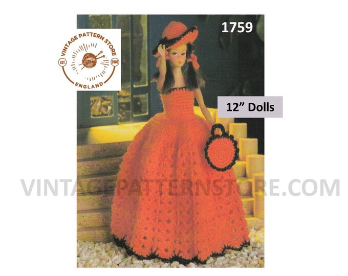 80s vintage 12" fashion doll Barbie Sindy dolls clothes evening dress hat and bag pdf knitting pattern Instant PDF download 1759