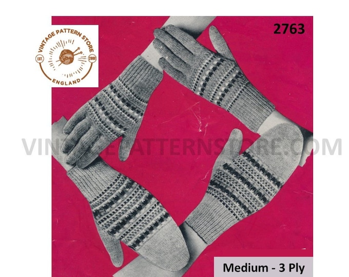 Ladies Womens 40s vintage 3 ply fair isle banded gloves and mittens pdf knitting pattern 6.5" palm size Instant PDF download 2763