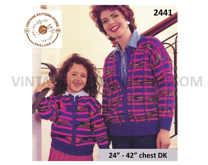 Ladies Womens Girls 90s DK striped & check drop shoulder fair isle raglan cardigan pdf knitting pattern 24" to 42" chest PDF download 2441