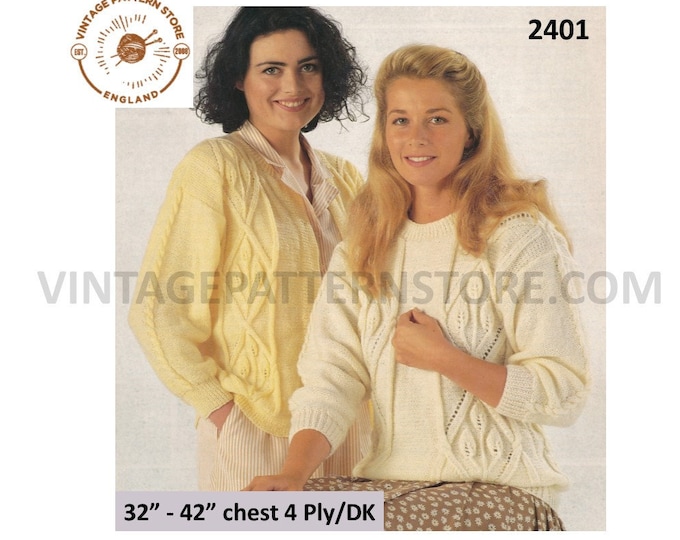 Ladies Womens 90s DK 4 ply round neck cabled leaf cable drop shoulder dolman sweater cardigan PDF knitting pattern 32" to 42" Download 2401