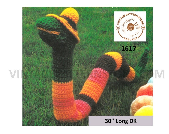 70s Vintage DK toy snake draught excluder blocker pdf crochet pattern 30" Long Instant PDF Download 1617