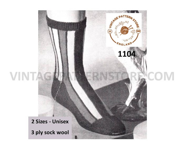 Striped socks knitting pattern, Ladies 1950s striped socks pattern, Mens 50s striped socks pattern, 3 ply sock patterns - PDF download 1104