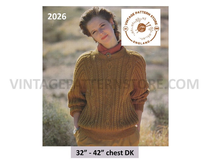 Ladies Womens 90s DK crew neck cable cabled dolman sweater jumper pdf knitting pattern 32" to 42" chest Instant PDF download 2026