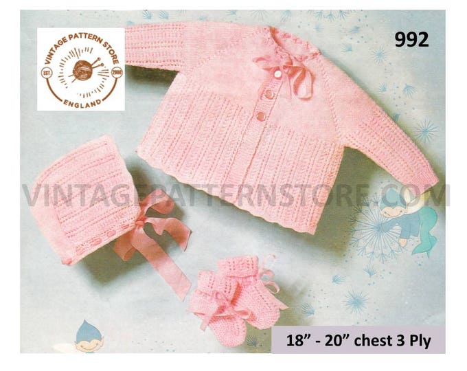 Baby Babies 60s vintage 3 ply lacy lace matinee coat bonnet & booties bootees pdf knitting pattern 18" to 20" chest Instant PDF download 992