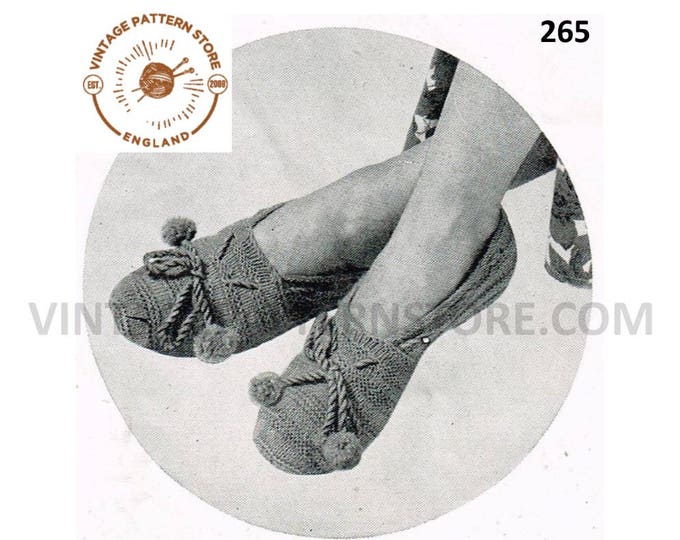 Ladies Womens 30s vintage bobble trim 4 ply slippers pdf knitting pattern size 5 to 6 shoes Instant PDF Download 265