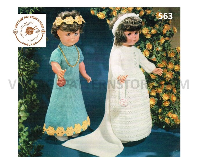 70s vintage 20" DK dolls clothes wedding dress headband and bridesmaid dress pdf knitting pattern Instant PDF download 563