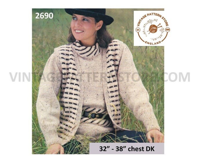 Ladies Womens 80s vintage DK V neck striped waistcoat & polo neck sweater jumper pdf knitting pattern 32" to 38" bust PDF download 2690