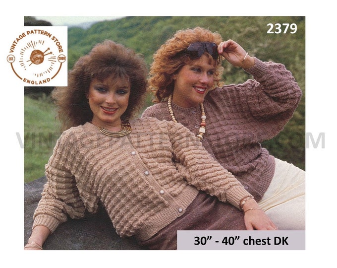 Ladies Womens 80s vintage round neck drop shoulder textured DK dolman cardigan & sweater pdf knitting pattern 30" to 40" PDF download 2379