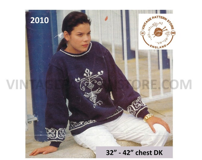 Ladies 90s sweater knitting pattern, Ladies Womens 90s fair isle intarsia DK sweater pattern - 32" - 42" chest - PDF download 2010