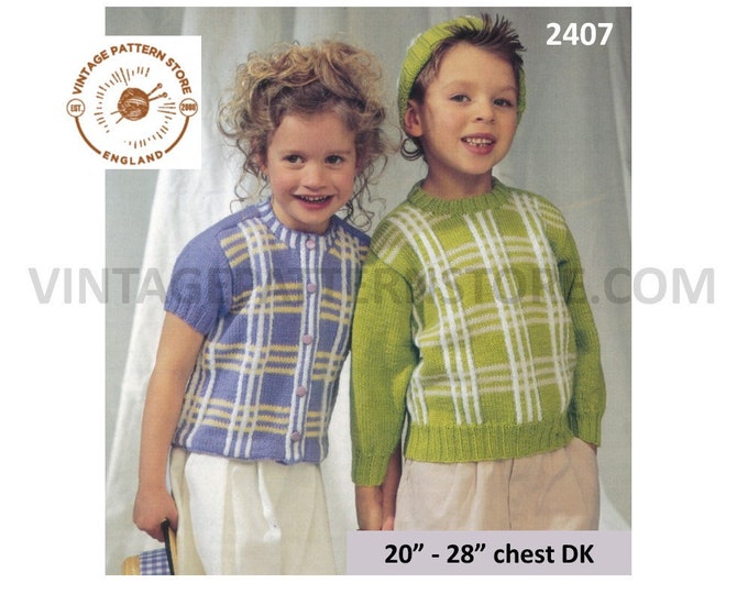 Boys Girls 90s round neck short sleeve check DK raglan cardigan & sweater jumper pdf knitting pattern 20" to 28" chest PDF download 2407