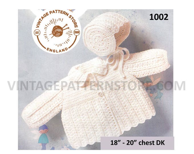 Baby Babies 60s vintage contrast yoke raglan DK matinee coat & bonnet pdf crochet pattern 18" to 20" chest Instant PDF download 1002