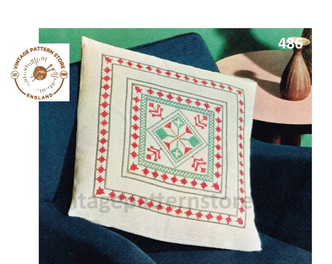 70s vintage Spanish mosaic embroidered square cushion cover pdf embroidery pattern 19" by 19" Instant PDF Download 486