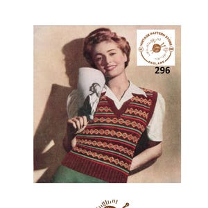 Ladies Womens 40s vintage 3 ply V neck fair isle banded sleeveless sweater vest tank top pdf knitting pattern 34" to 36" PDF download 296