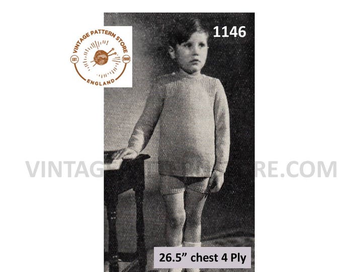 Boys 30s knitting pattern, Boys 30s rib panel suit 4 ply sweater and shorts pattern - 26.5" chest - PDF download 1146