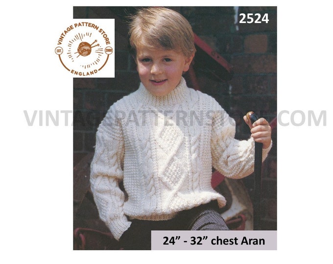 Boys 90s crew neck cable cabled raglan aran sweater jumper pullover pdf knitting pattern 24" to 32" chest Instant PDF download 2524