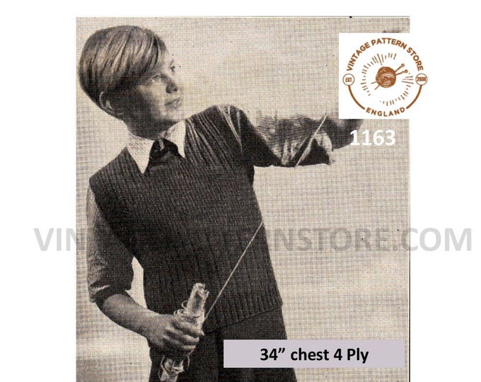 Boys 30s knitting pattern, Boys 30s round neck ribbed DK sweater vest tank top pattern - 34" chest - PDF download 1163