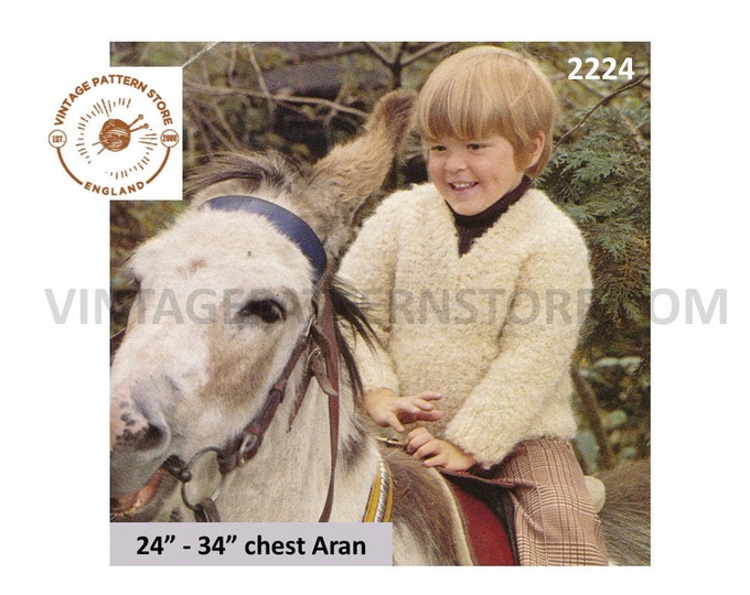 Boys Toddlers 70s vintage simple and easy to knit V neck raglan aran sweater jumper pdf knitting pattern 24" to 34" Instant download 2224