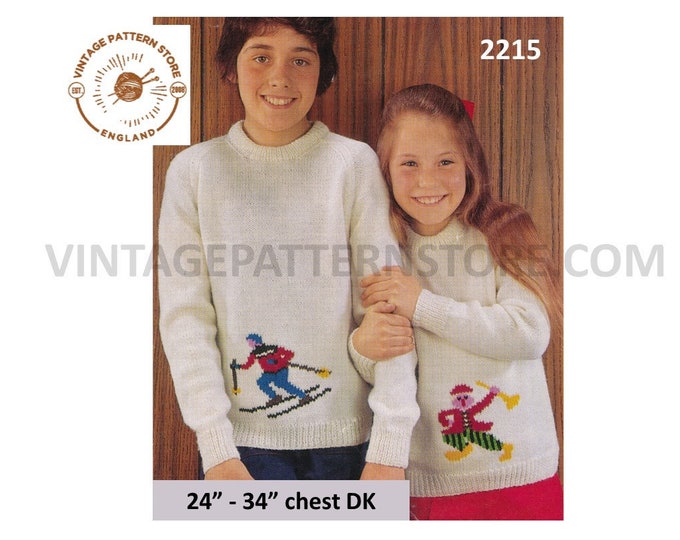 Boys Girls 70s vintage DK round neck ski skier and clown intarsia motif raglan sweater jumper pdf knitting pattern 24" to 34" Download 2215