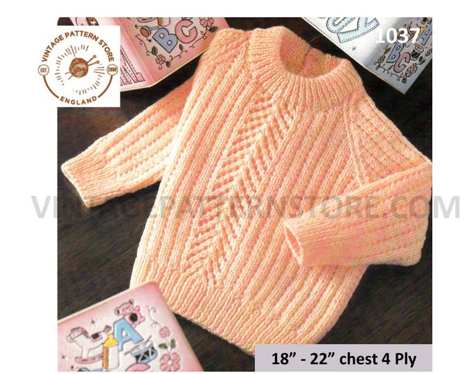 Baby Babies Toddlers 80s vintage 4 ply crew neck ribbed cable panel raglan sweater jumper pdf knitting pattern 18" to 22" PDF Download 1037