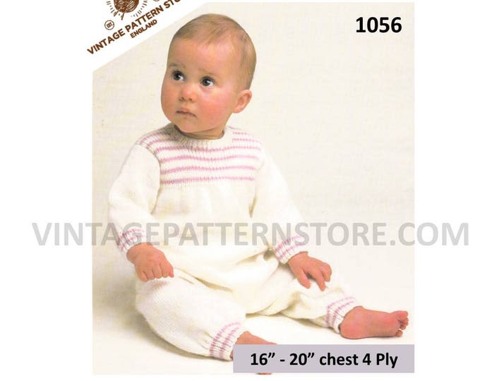 Babies Baby 4 ply round neck striped yoke all in one onesie romper play suit pdf knitting pattern 16" to 20" chest Instant PDF Download 1056