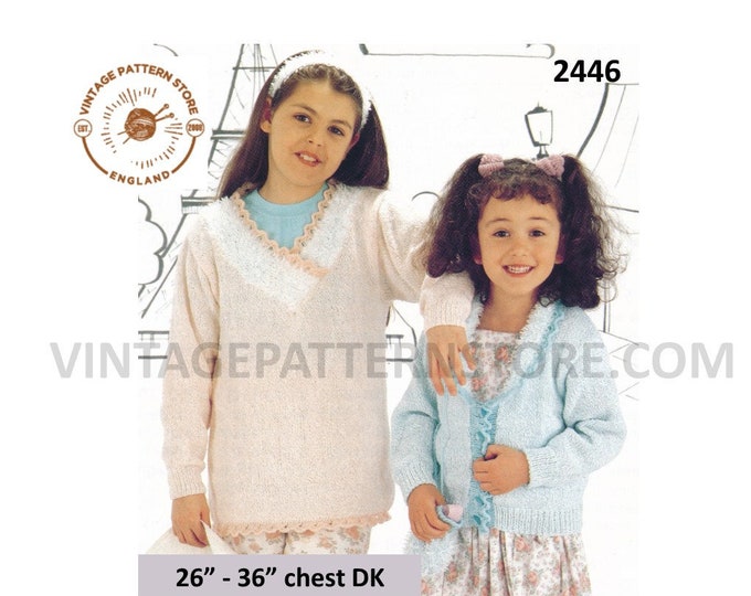 Girls 90s DK shawl collar lacy edged cardigan & V neck sweater headband and purse bag pdf knitting pattern 26" to 36" Download 2446