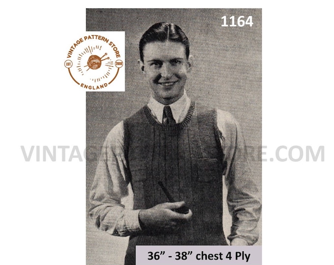 Mens 30s sweater vest knitting pattern, Mens 4 ply sleeveless ribbed sweater vest tank top pattern - 36" - 38" chest - PDF download 1164