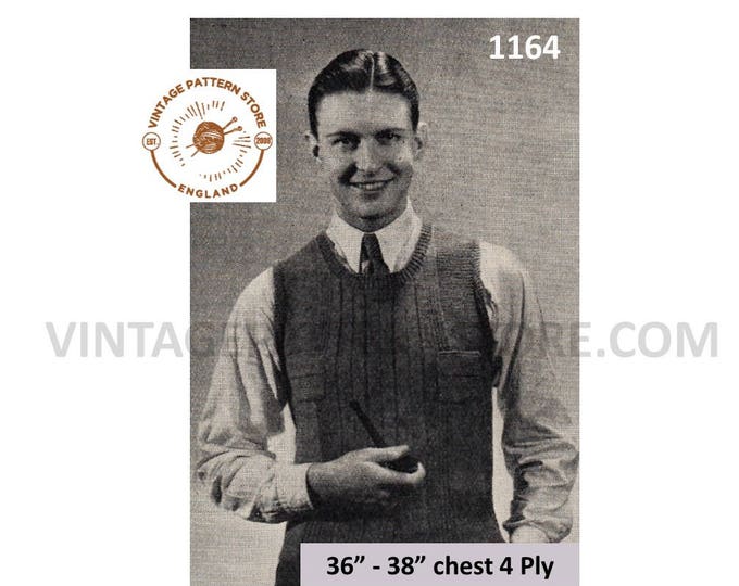 Mens 30s sweater vest knitting pattern, Mens 4 ply sleeveless ribbed sweater vest tank top pattern - 36" - 38" chest - PDF download 1164