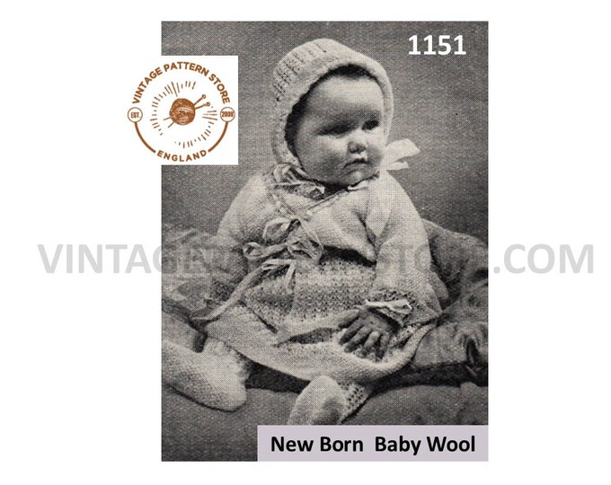 Baby Babies 30s vintage pram set layette with lacy matinee coat jacket dress bonnet & booties pdf knitting pattern Instant PDF download 1151