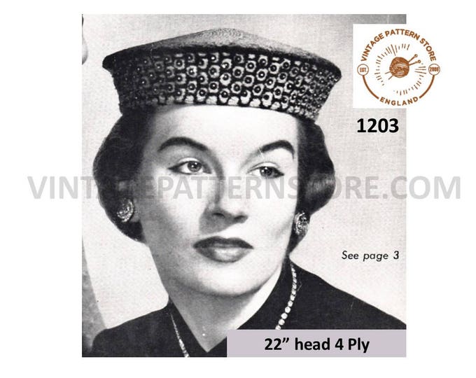 Ladies Womens 50s vintage retro 4 ply Mandarin pillbox hat pdf knitting pattern 22" Head Size Instant PDF download 1203