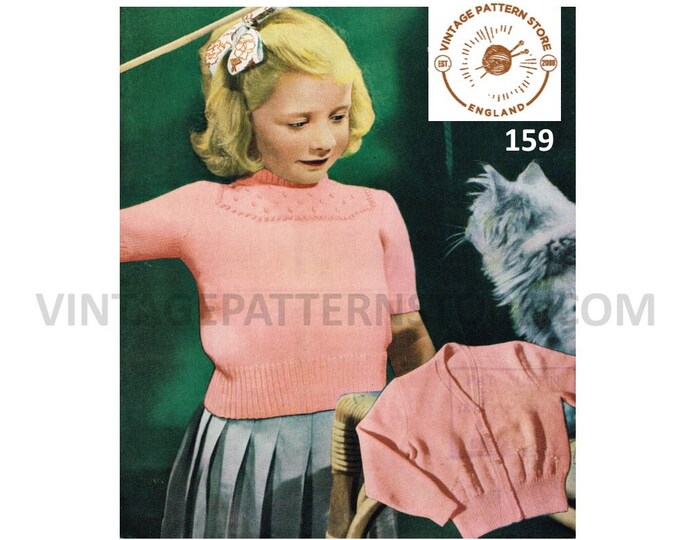 Girls 50s twin set knitting pattern, Girls easy to knit round neck short sleeve sweater cardigan pattern - 26" - 28" chest PDF Download 159