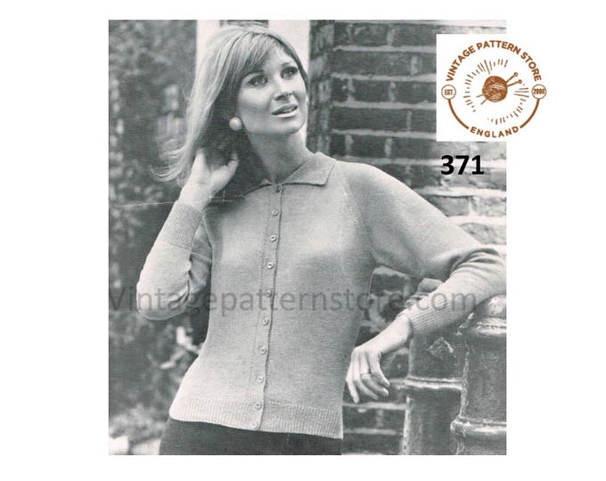 Ladies Womens 70s vintage 3 ply plain & simple easy to knit round neck collared raglan cardigan pdf knitting pattern 36" to 42" Download 371