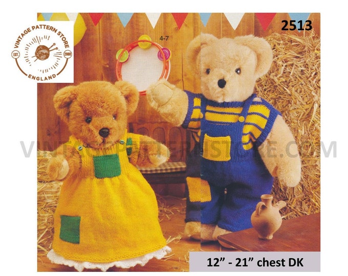 90s DK Teddy bear clothes pinafore dress T shirt and dungarees pdf knitting pattern 12" to 21" chest Instant PDF download 2513