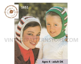 Family easy to knit 80s vintage striped DK balaclava helmet knitting pattern ages 4 to adult Instant PDF download 1651