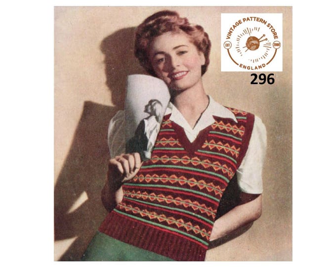 Ladies Womens 40s vintage 3 ply V neck fair isle banded sleeveless sweater vest tank top pdf knitting pattern 34" to 36" PDF download 296