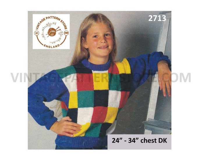Girls 80s quick fun easy to knit DK crew neck check colour blocked dolman sweater jumper pdf knitting pattern 24" to 34" PDF Download 2713