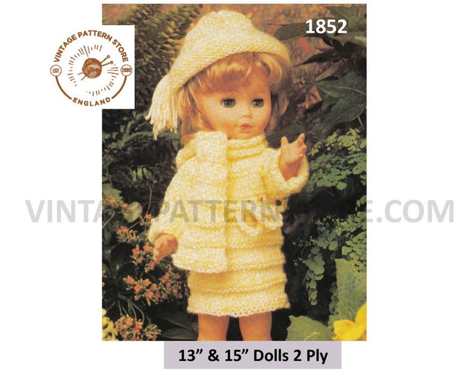 80s vintage 13" 15" 2 ply dolls clothes dress hat scarf and panties pdf knitting pattern Instant PDF download 1852