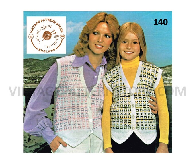 Ladies Womens Girls 70s vintage DK V neck shaped hem fair isle waistcoat pdf knitting pattern 28" to 38" chest Instant PDF download 140