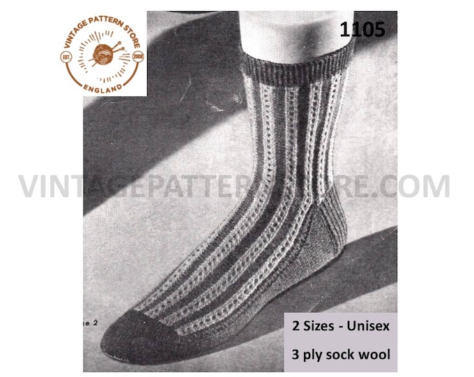 Ladies mens socks knitting pattern, 1950s lacy striped socks pattern, Mens ladies 50s 3 ply socks pattern - PDF download 1105