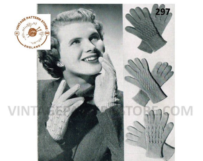 Ladies Womens 30s vintage 3 ply cable back cabled gloves pdf knitting pattern 3 designs to knit 7" palm sizes Instant PDF Download 297