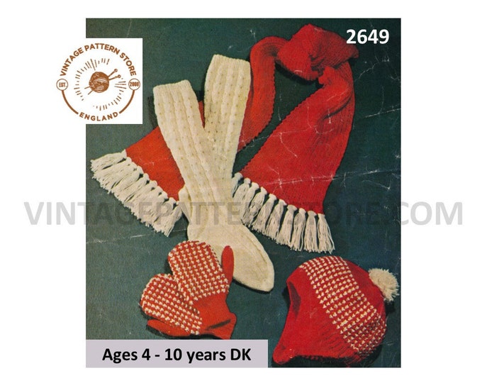 Boys Girls 70s vintage DK cable cabled socks fair isle hat mittens & fringed scarf pdf knitting pattern Age 4 to 10 years PDF download 2649