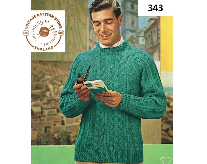 Mens Mans 60s vintage crew neck cable cabled chunky knit raglan sweater jumper pdf knitting pattern 38" to 42" chest PDF Download 343