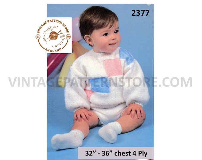 Baby Babies 90s easy to knit DK crew neck bold check colour blocked raglan sweater jumper pdf knitting pattern 16" to 22" Download 2377