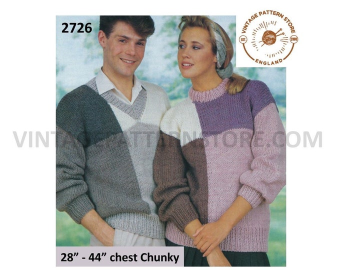 Ladies Womens Mens Chunky easy to knit crew or V neck colour blocked raglan sweater jumper pdf knitting pattern 28" to 44" PDF download 2726