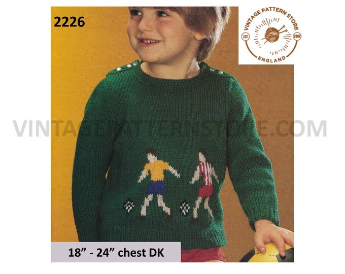 Boys 70s easy to knit DK round neck button shoulder football intarsia raglan sweater jumper pdf knitting pattern 18" to 24" Download 2226