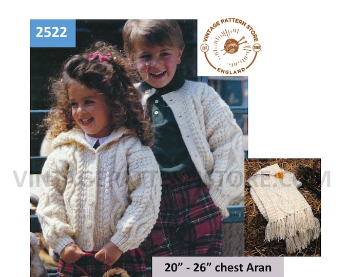 Boys Girls Toddlers 90s round neck or collared cabled drop shoulder dolman aran jacket & scarf pdf knitting pattern 20" to 26" Download 2522