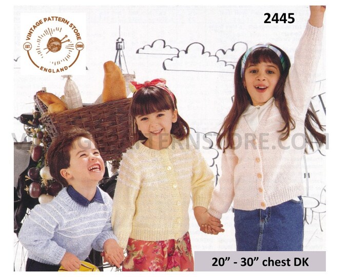 Boys Girls 90s DK striped yoke round or V neck raglan cardigan & round neck sweater jumper pdf knitting pattern 20" to 30" Download 2445